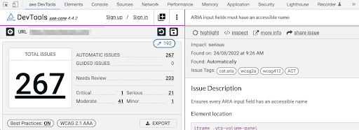 Axe test results showing 267 errors, including 'ensure every ARIA input has an accessible name' under WCAG 4.1.2