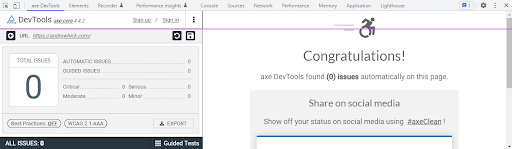 Axe test results showing 0 errors, including 'ensure every ARIA input has an accessible name' under WCAG 4.1.2