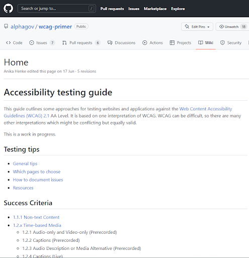 Front page of the accessibility testing guide on GitHub