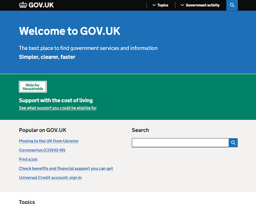 Screenshot of the gov.uk homepage