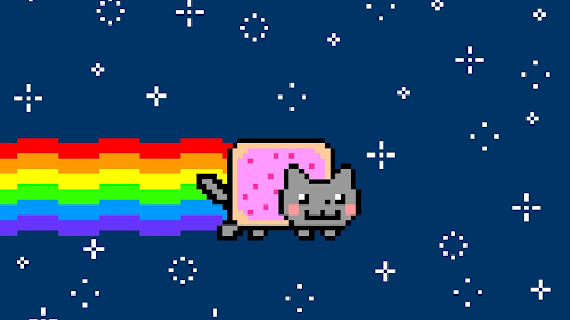 Pixellated flying cat shaped like a pop tart in space, with rainbows streaming behind it