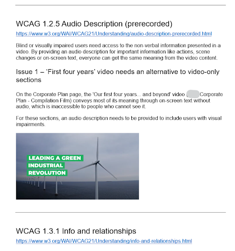 An example issue under the heading WCAG 1.2.5 Audio Description