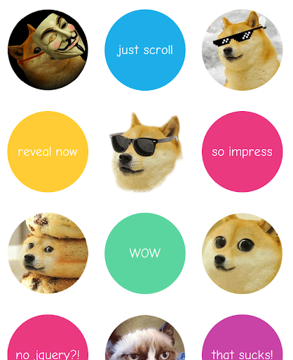 Several circles with shiba inu dogs and captions like 'just scroll', 'reveal now', 'so impress'