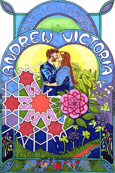 Art nouveau style drawing of Andrew and Victoria amongst shapes and flowers
