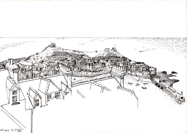 Pen and ink drawing of St Ives from above
