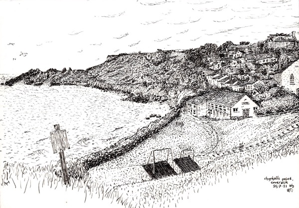 Rocky cove and play park in pen and ink