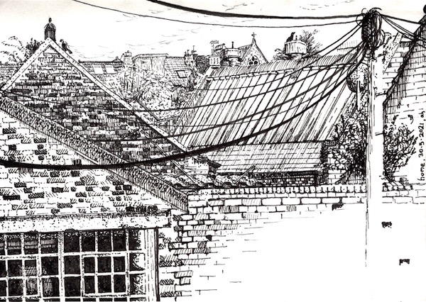 Early 20th century industrial rooftops drawn in pen