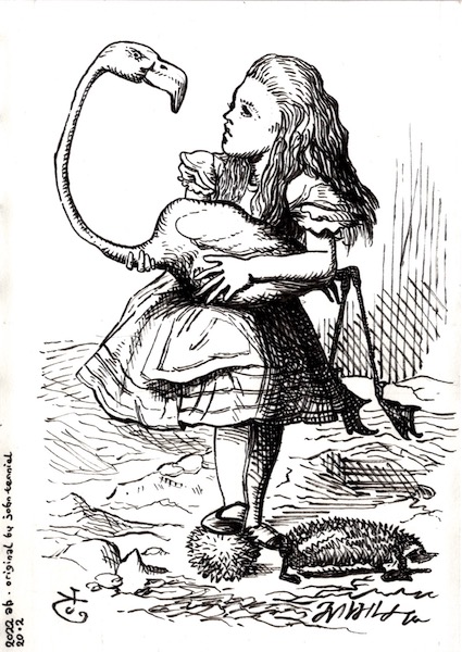Line drawing of Alice holding a flamingo