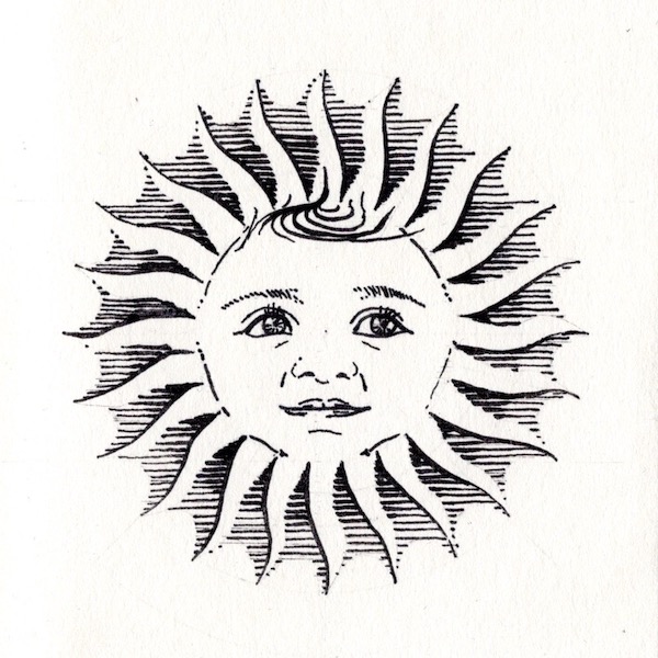 A stylised sun with 24 rays in the style of a lithograph, with a child's slightly smiling face