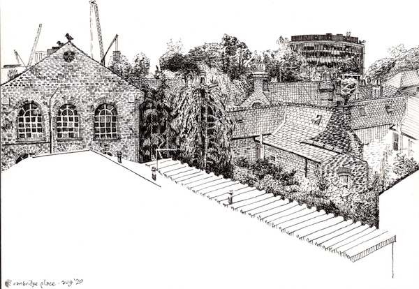 Pen and ink drawing of Cambridge rooftops