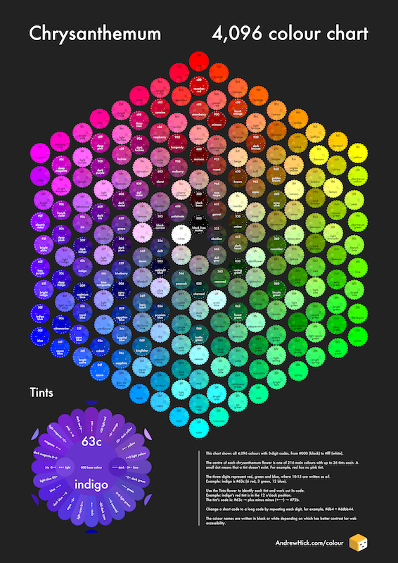 Colour poster featuring 216 chrysanthemum flowers arranged into a hexagonal shape by colour