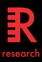 Research icon showing a letter R as the end of a set of bookshelves