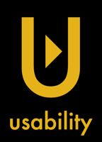 Usability icon showing a play button in a letter U