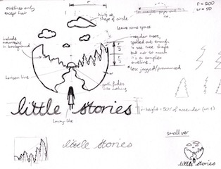 Final pencil sketch of Little Stories logo with girl in the mountains