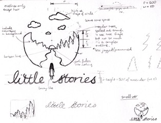 Final pencil sketch of Little Stories logo with girl in the mountains