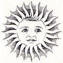A stylised sun with 24 rays in the style of a lithograph, with a child's slightly smiling face