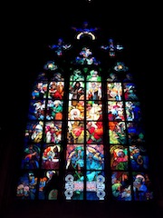 Art nouveau stained glass window with rainbow colours