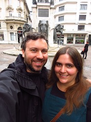 Andrew and Victoria in front of elephant fountain, Chambéry