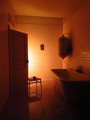 Model bathroom with atmospheric lighting